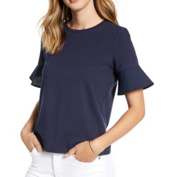 1901 Women's Red Bloom Short Flutter Sleeve Jewel Neck Cotton Blend Blouse sz XS - Picture 5 of 5